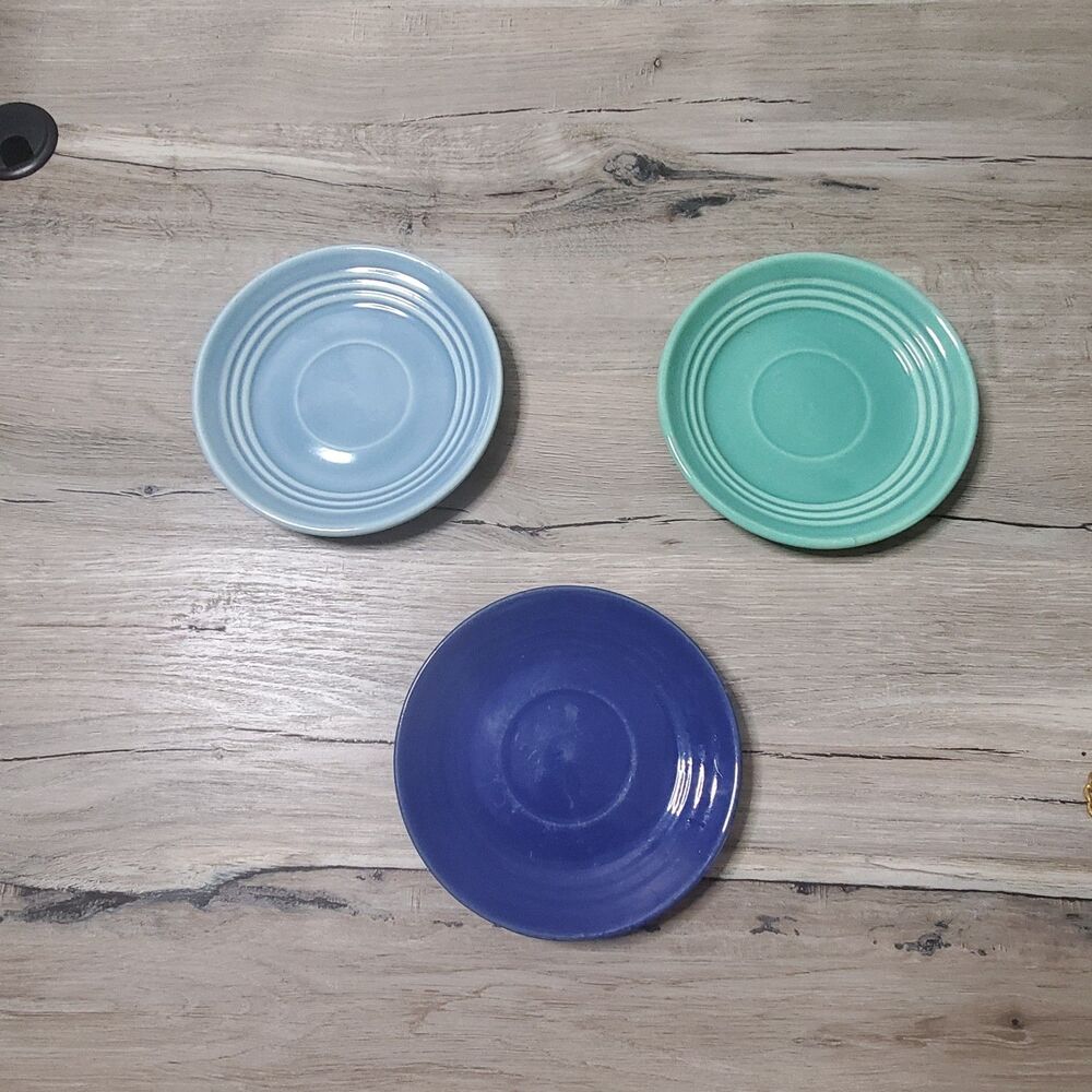 Set of 3 Genuine Vintage Bauer Pottery Ringware Saucers - Blue, Cobalt, Green